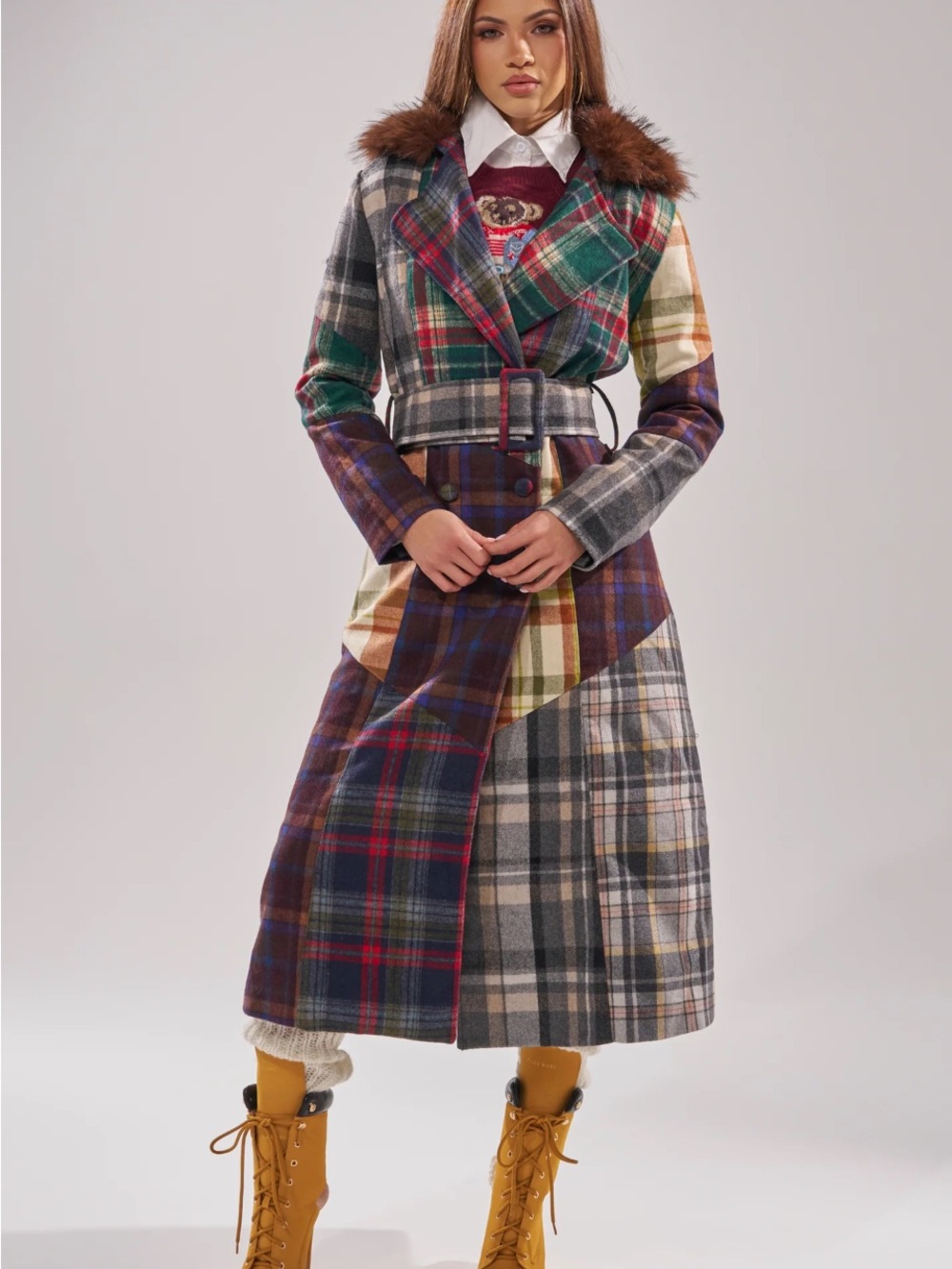 AKIRA Multicolor Plaid Wool Belted Trench Coat with Faux Fur Collar